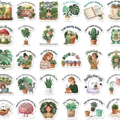 Thirty muted green plant stickers with monstera leaves, cacti, terrariums and illustrations of women tending houseplants, lettered Garden Therapy and Plant Lady