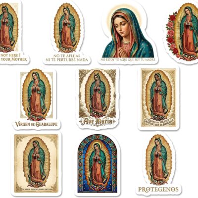 Ten Our Lady of Guadalupe stickers in traditional style with the starred mantle, golden rays and roses, including Spanish text reading No Estoy Yo Aqui Que Soy Tu Madre
