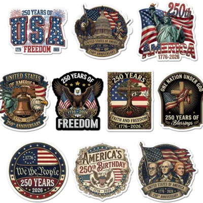 Ten patriotic stickers for the USA 250th anniversary showing the Statue of Liberty, Liberty Bell, bald eagle, the Capitol and Mount Rushmore in navy, red and cream