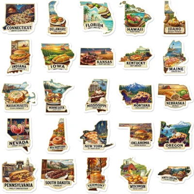 US state-shaped stickers filled with each state's signature food, including Florida citrus, Maine lobster, Wisconsin cheese and Pennsylvania cheesesteak