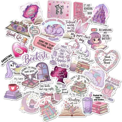Thirty pastel pink and lilac bookish stickers with stacked books, a dragon, a potion bottle and captions including Book Queen and Recharging My Social Battery