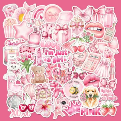 Sixty pink coquette stickers including bows, lips, perfume bottles, a teddy bear, a disco ball, strawberries and lettering reading I'm Just A Girl