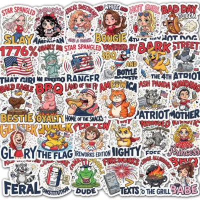 Thirty red white and blue Fourth of July stickers with cartoon characters, eagles, hot dogs and fireworks, lettered Star Spangled, 1776% and Home Of The Snacks