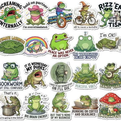 Twenty cartoon frog stickers with captions including Screaming Internally, I'm Overstimulated, It Is Wednesday My Dudes and Running On Coffee And Deadlines