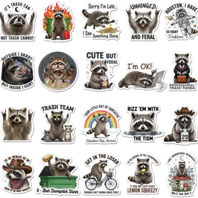 Twenty raccoon stickers rummaging in bins and holding shiny objects, captioned It's Trash Can Not Trash Cannot, Unhinged And Feral and Professional Trash Panda
