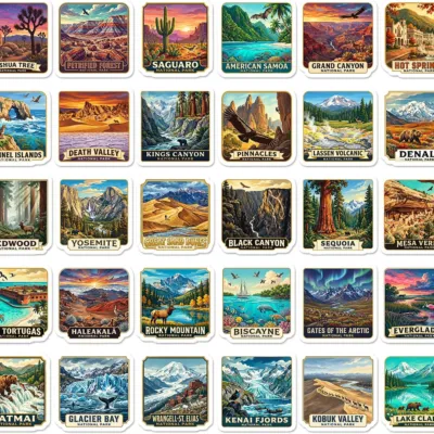 Sixty-three national park stickers in vintage travel poster style, each showing one park landscape such as Grand Canyon, Denali, Yosemite and the Everglades