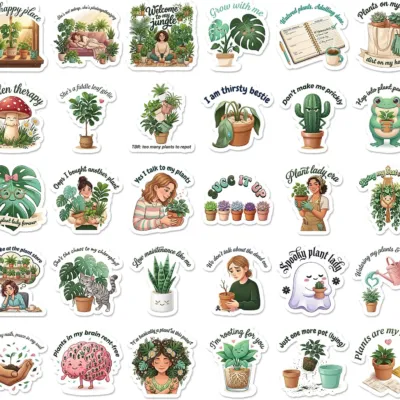 Thirty muted green plant stickers with monstera leaves, cacti, terrariums and illustrations of women tending houseplants, lettered Garden Therapy and Plant Lady