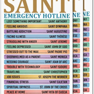 Sticker listing saints beside the problems they are invoked for, headed Saint Emergency Hotline, with colour-coded rows such as Feeling Anxious and Saint Dymphna