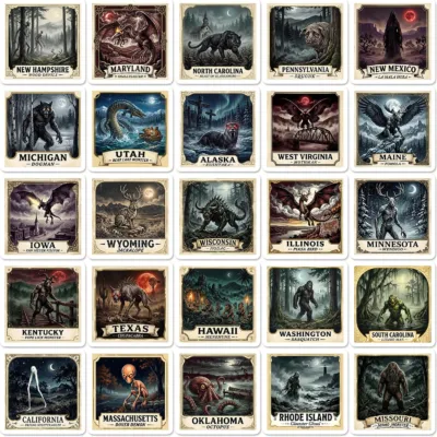 Fifty dark vintage poster stickers, one cryptid per US state, including the Michigan Dogman, West Virginia Mothman and the Jersey Devil