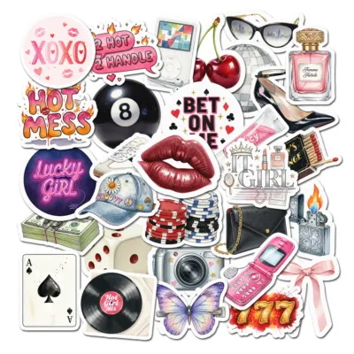 Thirty Y2K aesthetic stickers including red lips, an eight ball, playing cards, a pink flip phone, a butterfly, a vinyl record and lettering reading Hot Mess and Lucky Girl